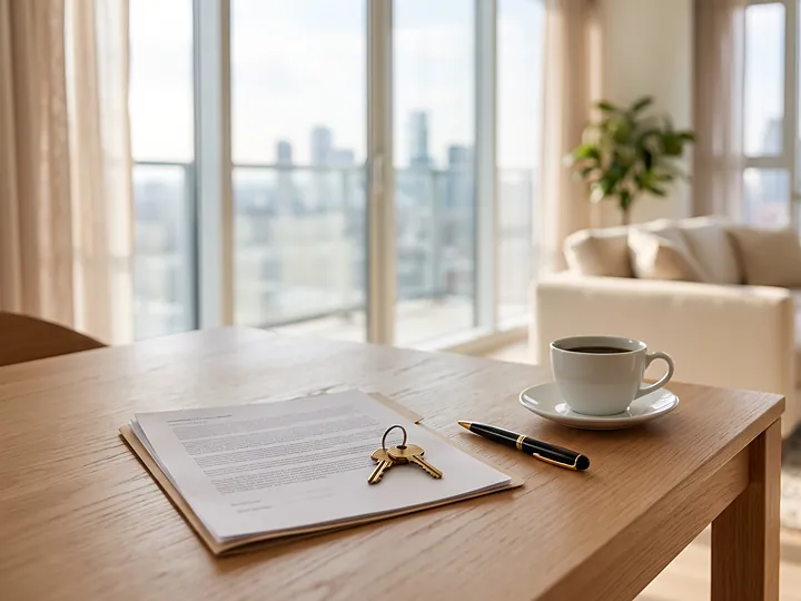 Brass house keys, a pen and a folder of documents on a light oak table in a bright condo living room with city views