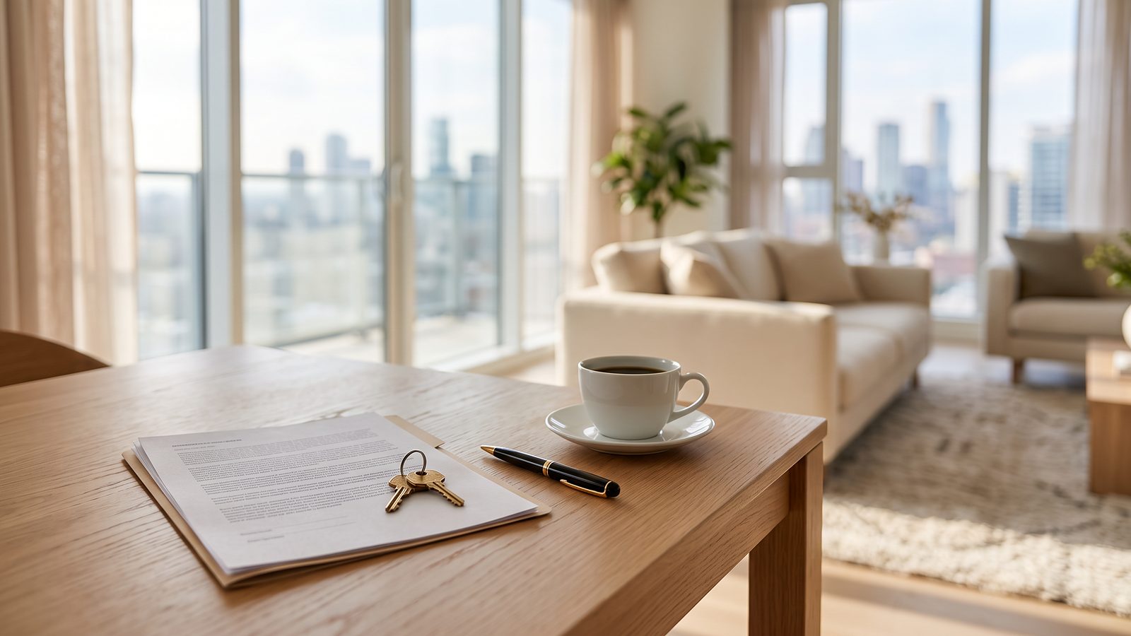 Brass house keys, a pen and a folder of documents on a light oak table in a bright condo living room with city views