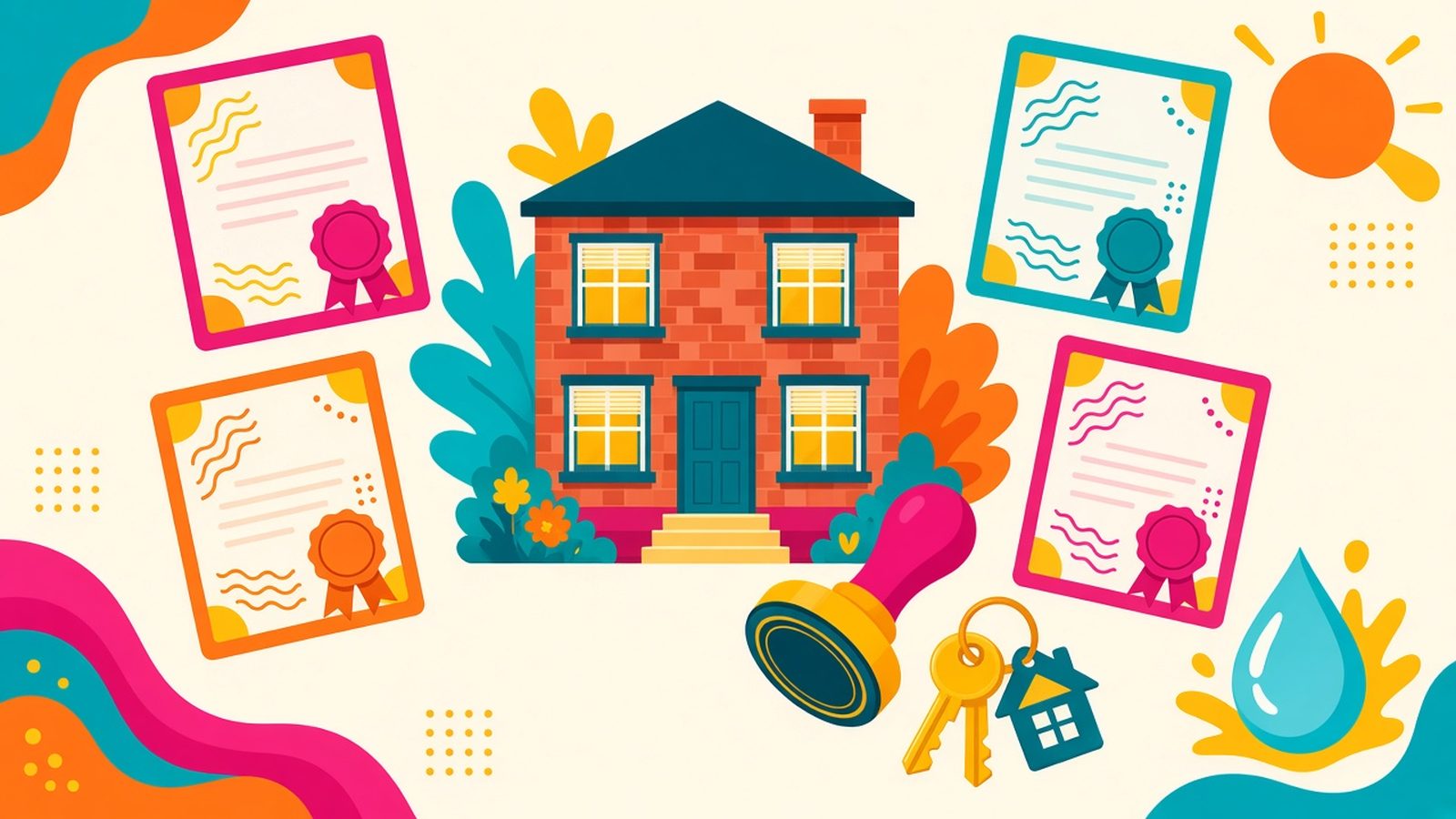 A colorful illustration of a brick house surrounded by certificates, a rubber stamp, house keys and a water drop in bright magenta, teal and tangerine