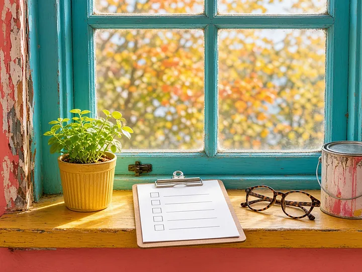 A sunny old wooden window with turquoise trim, chipped paint at the corner, a checklist on a yellow sill, reading glasses, a plant and a paint can