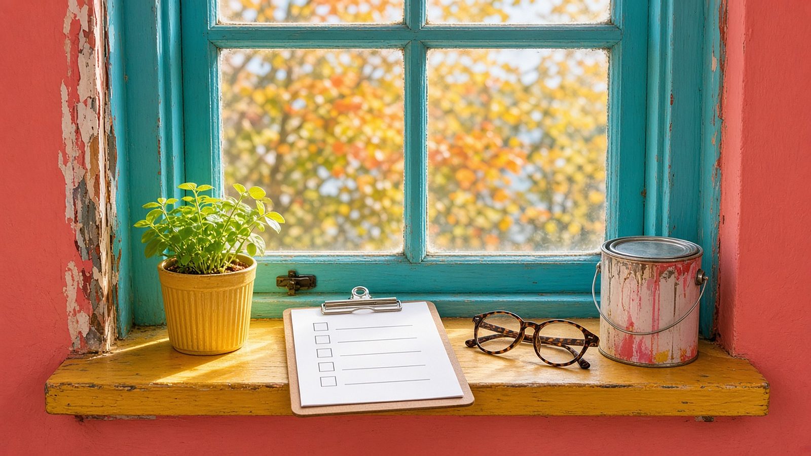 A sunny old wooden window with turquoise trim, chipped paint at the corner, a checklist on a yellow sill, reading glasses, a plant and a paint can