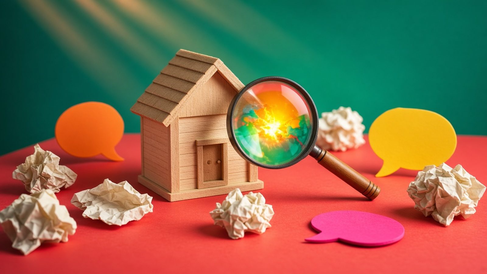 A small wooden model house on a coral tabletop with a magnifying glass, crumpled paper notes and blank colorful speech bubbles against a teal wall