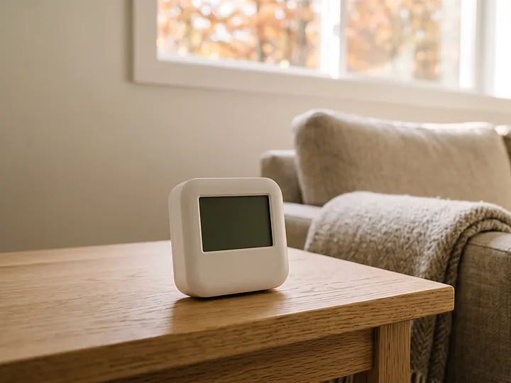 A small white radon test monitor with a blank screen on an oak side table next to a beige sofa, with autumn leaves outside the window