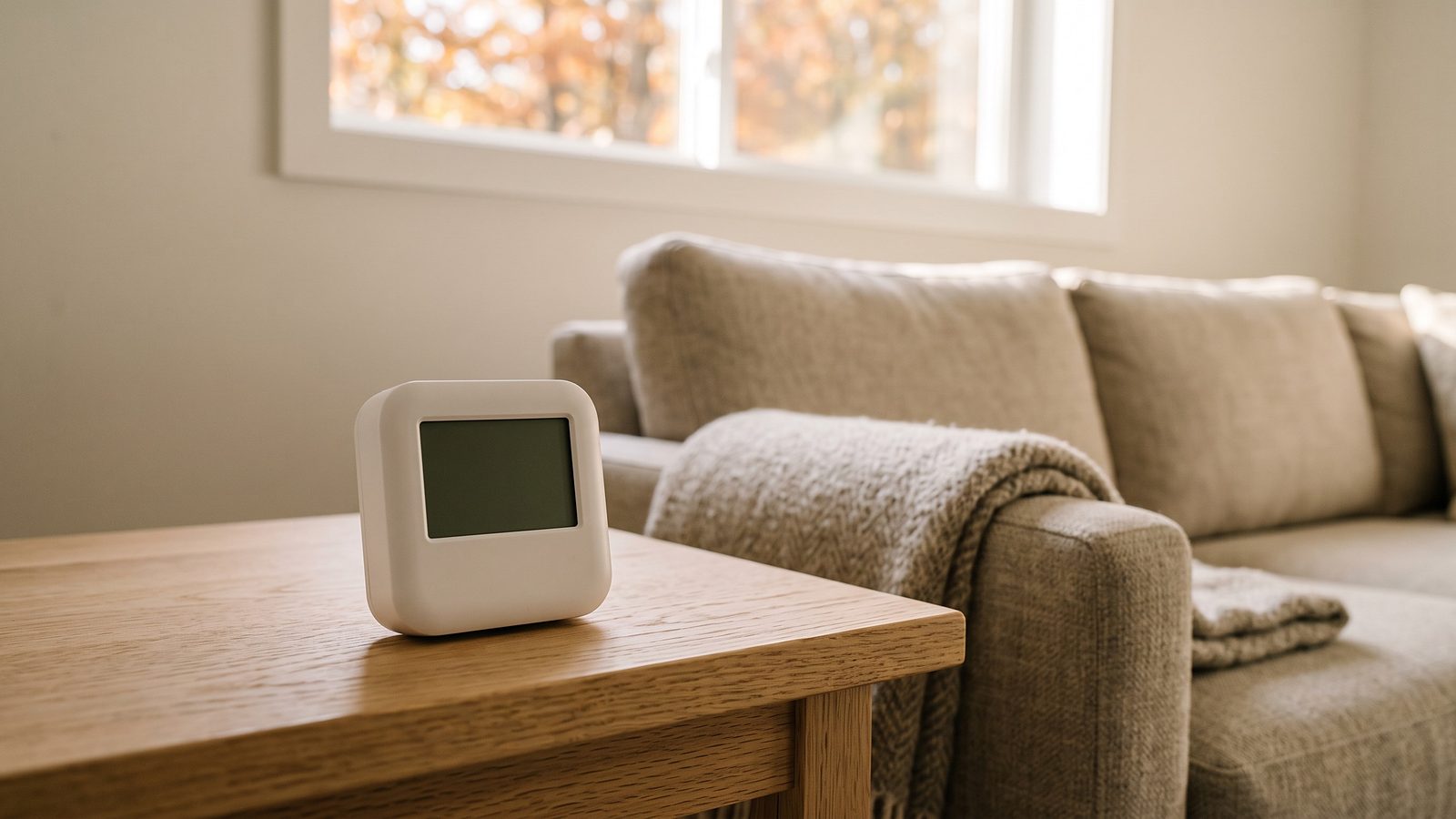 A small white radon test monitor with a blank screen on an oak side table next to a beige sofa, with autumn leaves outside the window