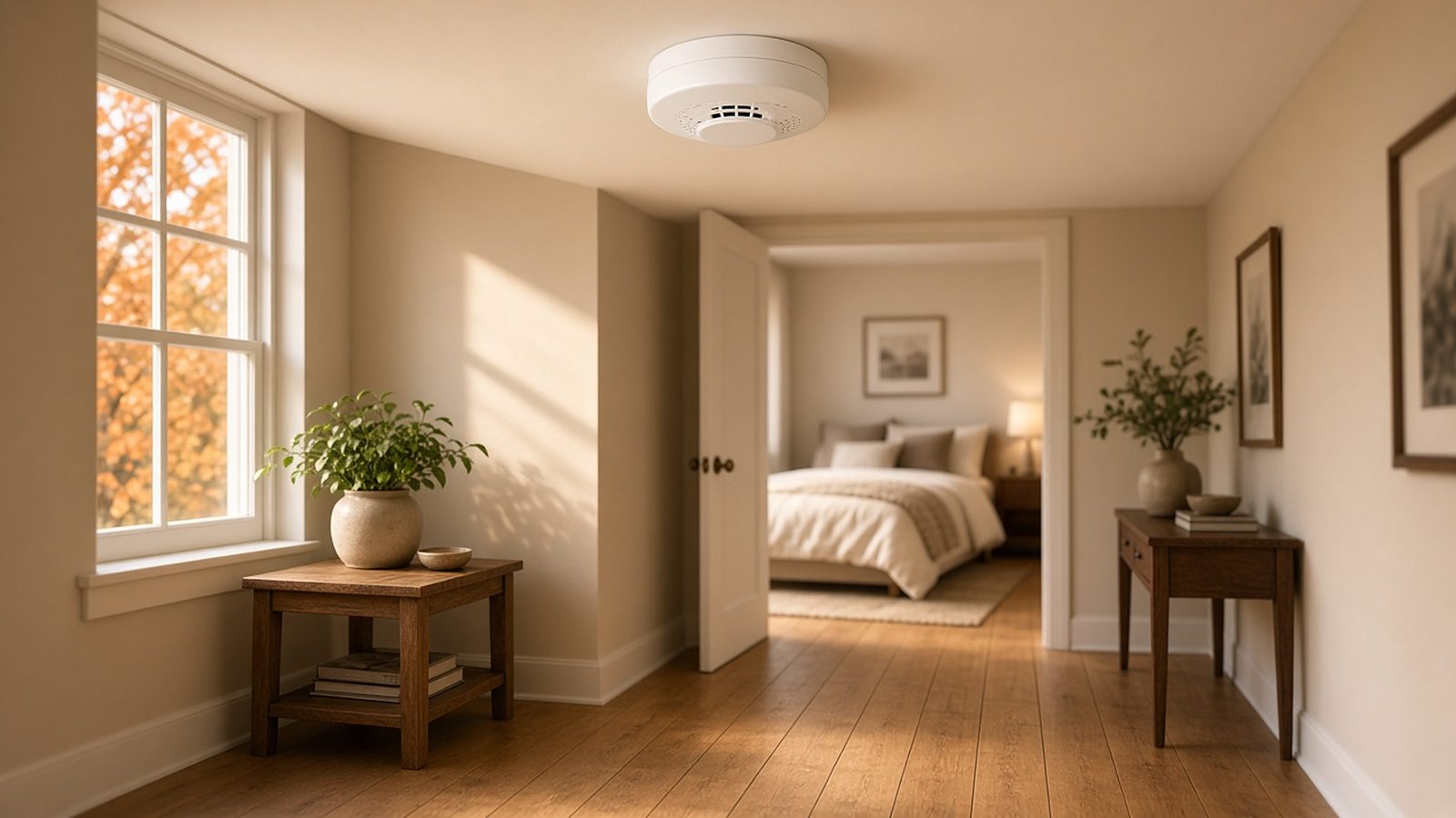 A white ceiling smoke alarm in a sunny hallway leading to a bedroom, with autumn leaves outside the window