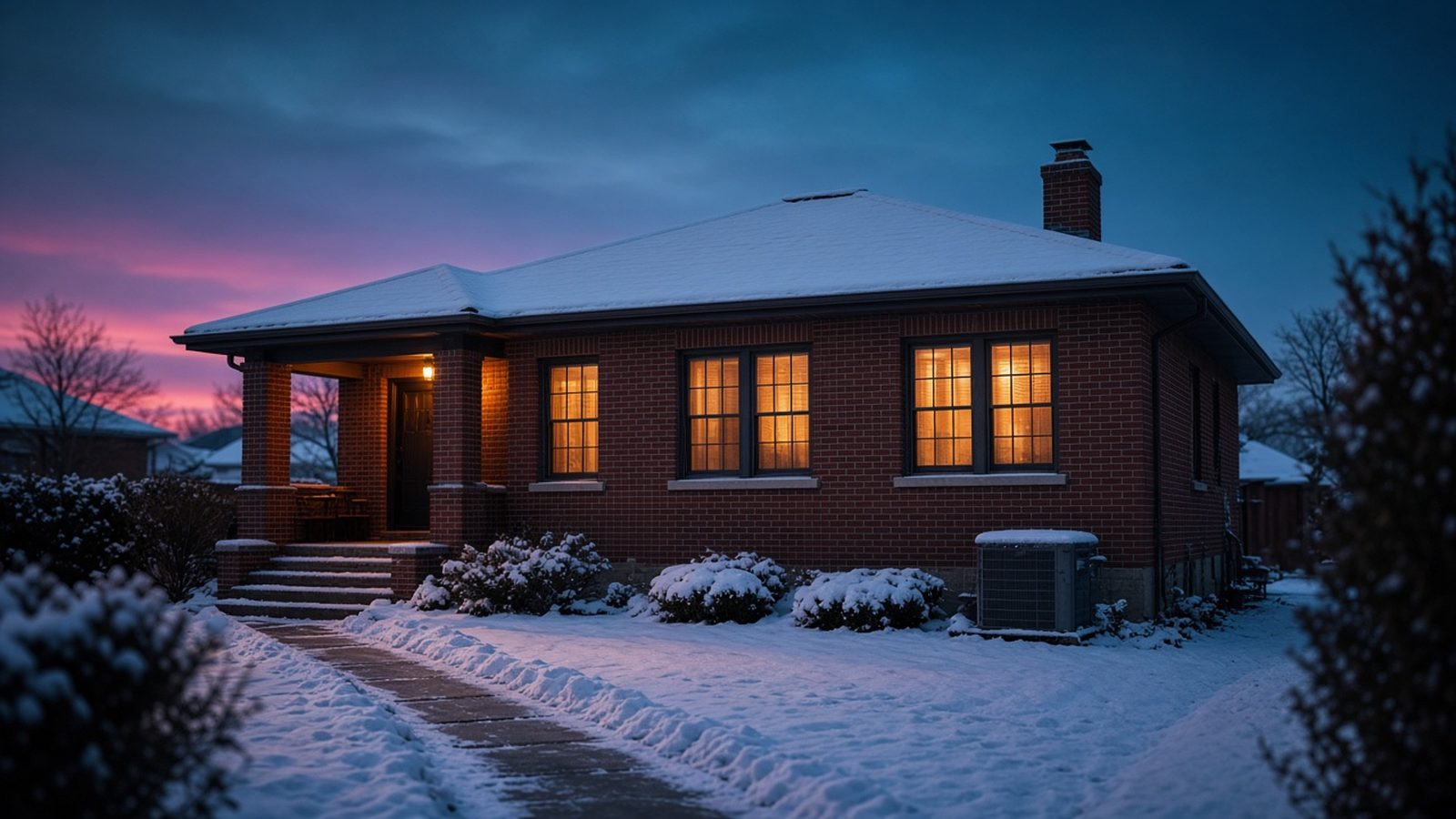 A cozy brick bungalow under fresh snow at dusk, with warm windows, a snowy roof and an outdoor air conditioner unit under a light dusting of snow, in rich teal, magenta and amber tones