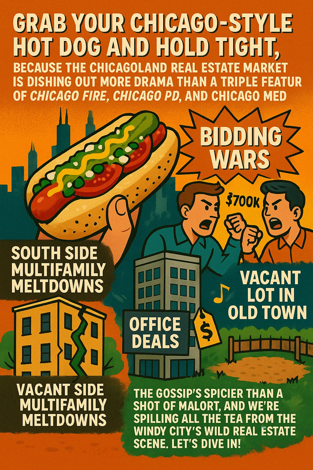 Illustration for: Chicagoland Real Estate Gossip: Bidding Wars, South Side Soap Operas, and Office Space Steals That’ll Make You