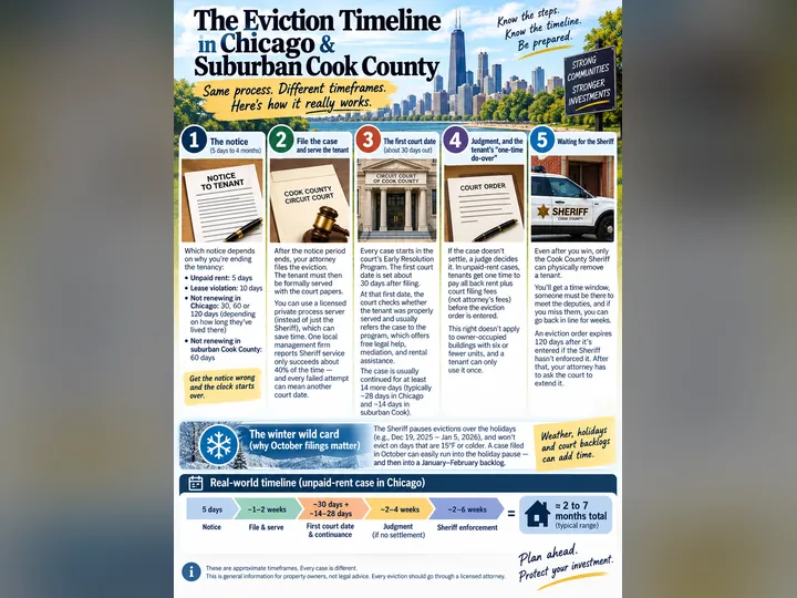 Cover image for the article: How Long Does an Eviction Really Take in Cook County? Ask Five Landlords and You'll Hear Anything From 2 to 8 Months.