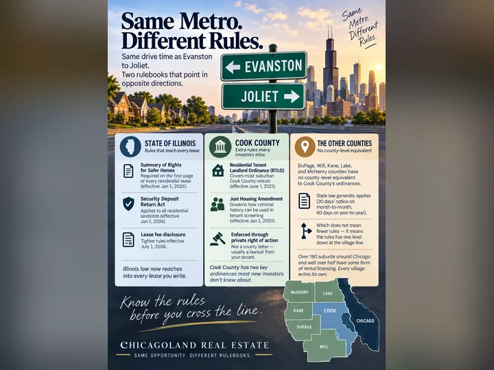 Cover image for the article: In Cook County You Can't Ask a Renter About Their Record Until After You've Offered Them the Unit. Forty Miles West, Aurora Won't License You Until You've Run the Check on Everyone Over 18.