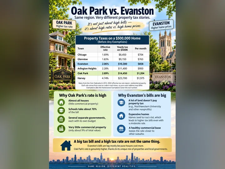Cover image for the article: Oak Park and Evanston Both Have "High Taxes." They're High for Completely Different Reasons.